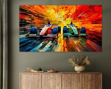 Nek-aan-nek race in een vlammenzee van Klaus Tesching - Art-AI