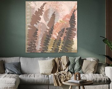 Varensbladeren in bruin, taupe, terra op koraalroze en beige. Moderne botanische kunst. van Dina Dankers