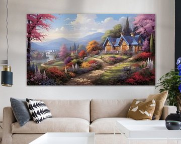 Petite maison peinture peinture au printemps avec beaucoup de fleurs colorées dans le jardin aquarelle design