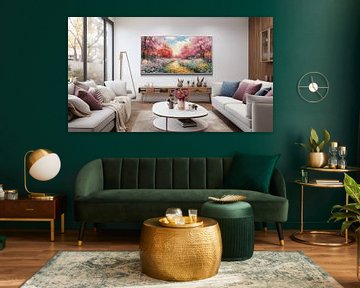 Moderne woonkamer in een huis met lenteachtig schilderij, witte bank en modern meubilair van Animaflora PicsStock