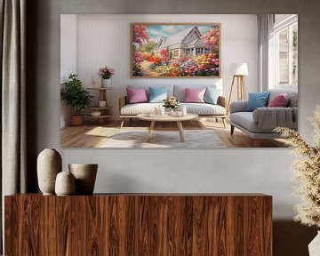 Moderne woonkamer in een huis met lenteachtig schilderij, witte bank en modern meubilair van Animaflora PicsStock