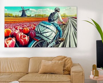 Cyclists next to tulip fields by Frank Heinz