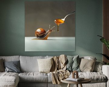 Sweet As Honey | Aantrekkingskracht. Surrealistische interactie tussen een sierlijke slak en een lepel honing. van Sander van der Torren