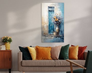 Nature morte aux fleurs dans un vase d'argile, aquarelle peinture à l'huile, verticale