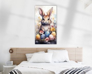 Lapin de Pâques avec oeufs de Pâques, aquarelle peinture à l'huile, vertical
