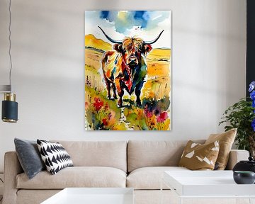 Hoogland koe aquarel van MIROKKU