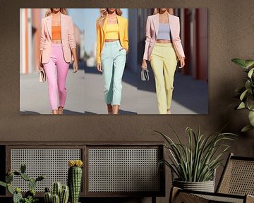 Drie jonge vrouwen winkelen in een winkelcentrum, kleurrijke pop-art vintage kunstwerk van Animaflora PicsStock