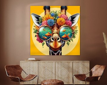 Giraf sees fish and flowers van CanvasbyCaro
