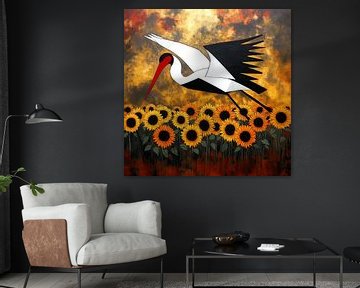 Abstrakter Storch in einem Feld von Sonnenblumen von Karina Brouwer