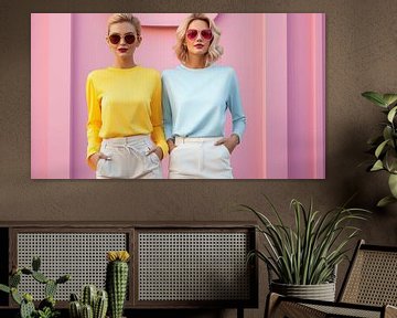 Twee jonge vrouwen met zonnebril in kleurrijke kleding met roze achtergrond in pop-art design van Animaflora PicsStock
