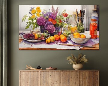 Nature morte avec fleurs et fruits dans un design d'art de peinture à l'huile de cuisine