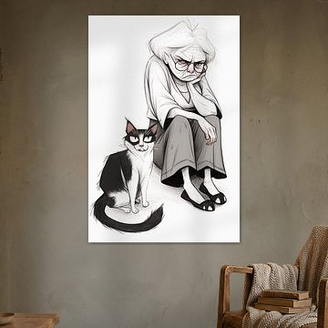 Karikatur einer mürrischen alten Frau und ihrer Katze