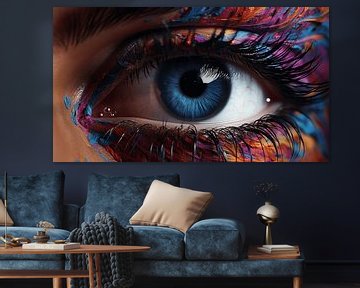 Close-up of a blue eye with colourful make-up watercolour oil painting design by Animaflora PicsStock