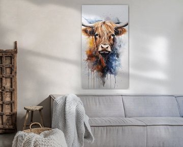 Schotse Highland koe met horens, aquarel olieverfschilderij ontwerp, verticaal van Animaflora PicsStock