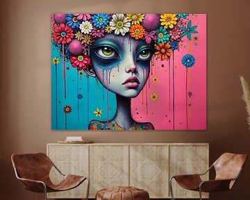 Surrealist woman with flowers on her head