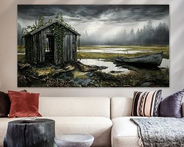 Cabin with boat in a marshy area
