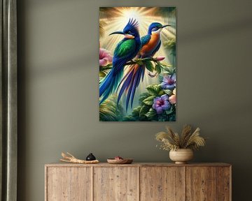 Tropische paradijsvogels met bloemen van Ellen Van Loon