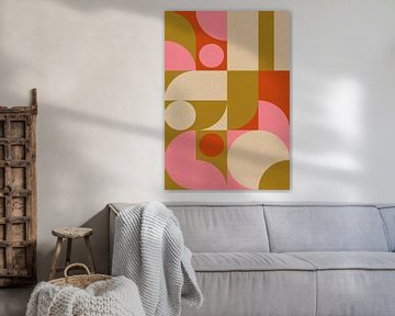 Retro jaren 70 wonen. Abstracte geometrische kunst in verbrand oranje, roze, mosterd, wit. van Dina Dankers