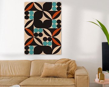 Retro jaren 70 wonen. Abstracte geometrische kunst in zwart, verbrand oranje, lichtblauw, wit I van Dina Dankers