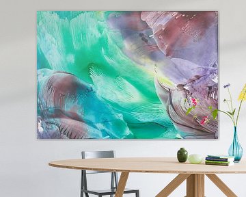 Abstract encaustic painting with wax colour: waves in red, purple, green, blue by Heike Rau