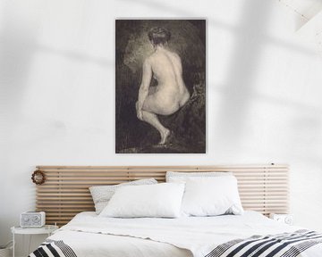 Simon Moulijn, zittende naakte vrouw, op de rug gezien voor een donkere achtergrond, 1914