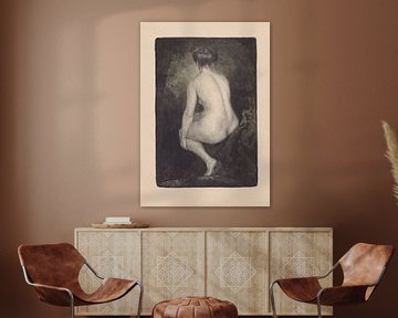 Simon Moulijn, zittende naakte vrouw, op de rug gezien voor een donkere achtergrond, 1914