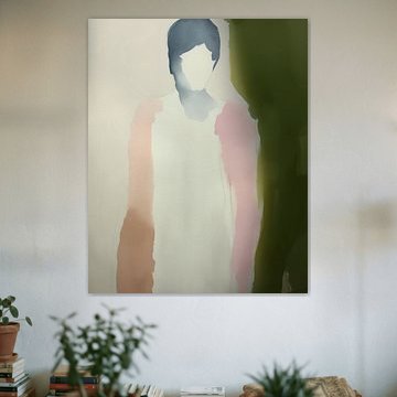 Modern abstract portrait in pastel colours with contrasting greens by Carla Van Iersel