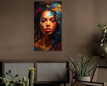 Portrait d'une femme africaine maquillée, bodypainting, design pop art, vertical