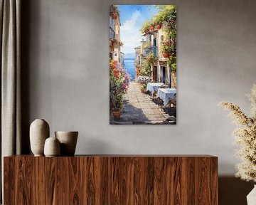 Regio zeezicht straat in Italië in de lente met bloemen en restaurant olieverfschilderij -art design verticaal van Animaflora PicsStock