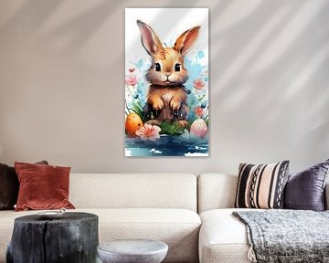 Lapin de Pâques avec oeufs de Pâques, aquarelle peinture à l'huile, vertical
