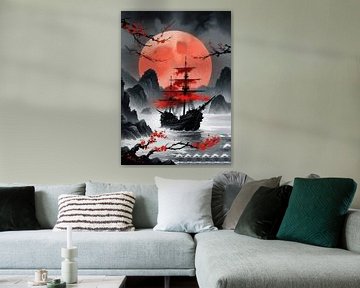 Japanisches Landschaftsschiff unter rotem Mond von MIROKKU