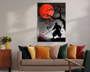 Japanische Samurai Silhouette unter rotem Mond von MIROKKU