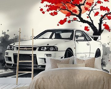 Nissan GT-R R34 Sumi-E Schilderij van MIROKKU
