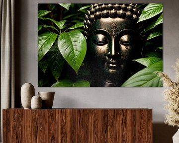Schwarze Buddha-Statue mit grünen Blättern, erstellt mit Generative AI