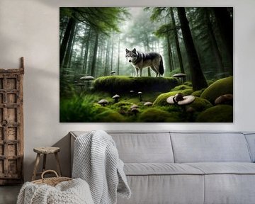 dunkler Wald mit Wolf, erstellt mit generativer KI-Technologie