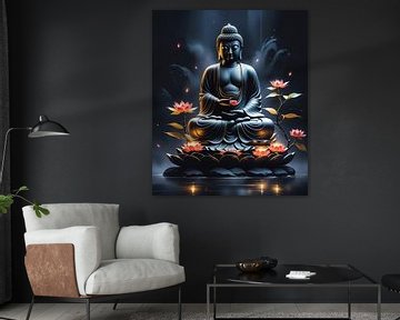 asiatische Aquarell-Tintenmalerei Buddha-Statue mit Blumen von Markus Gann