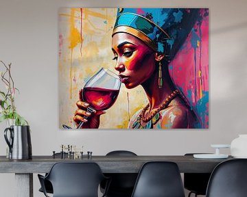Nefertiti met een glas rode wijn - Vrouwen #17 van Liona Toussaint