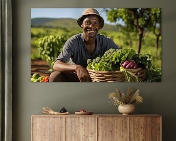 Le paysan noir sourit et tient un panier de légumes dans le jardin