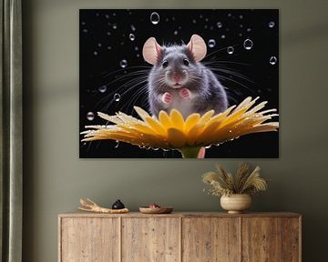 Schattig muisje op een gerberabloem in de regen