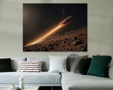 Komeet met staart aan de nachtelijke hemel met sterren boven een woestijnlandschap van Markus Gann