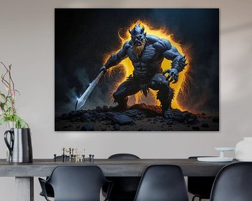 fantasy kunstwerk gespierde man met zwaard en brandende aura van Markus Gann