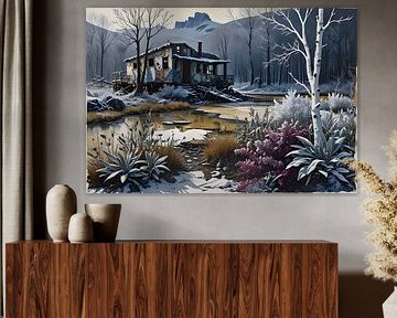 Paysage hivernal avec un vieux bâtiment