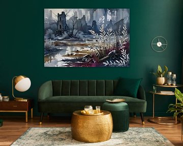 Tower ruins on a wintry riverbank by Nick Wendt