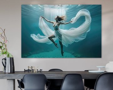 Jonge vrouw die witte jurk draagt danst onder water van Markus Gann