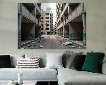 Verlaten flatgebouw met graffiti en puin van Markus Gann
