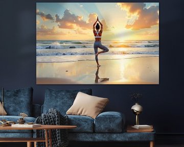 Jonge vrouw beoefent yoga boom houding op het strand bij zonsondergang van Markus Gann