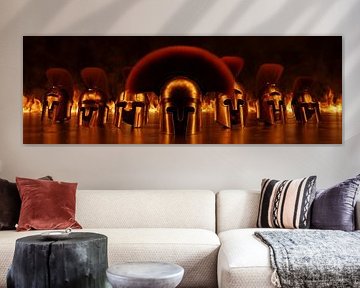 Ancient Greek Sparta helmets illuminated by fire by Besa Art