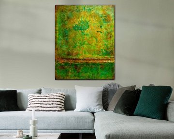 Abstract schilderij, ruwe texturen aardetinten met groen en geel van Joriali Abstract