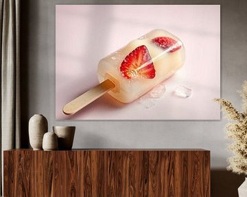 een ijsco lolly met fruit op houten stokje.