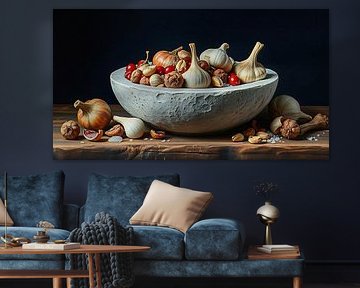 Still life of a white stone bowl with spices.